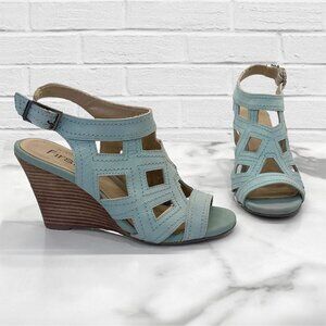 First sage green laser cut wedge sandals